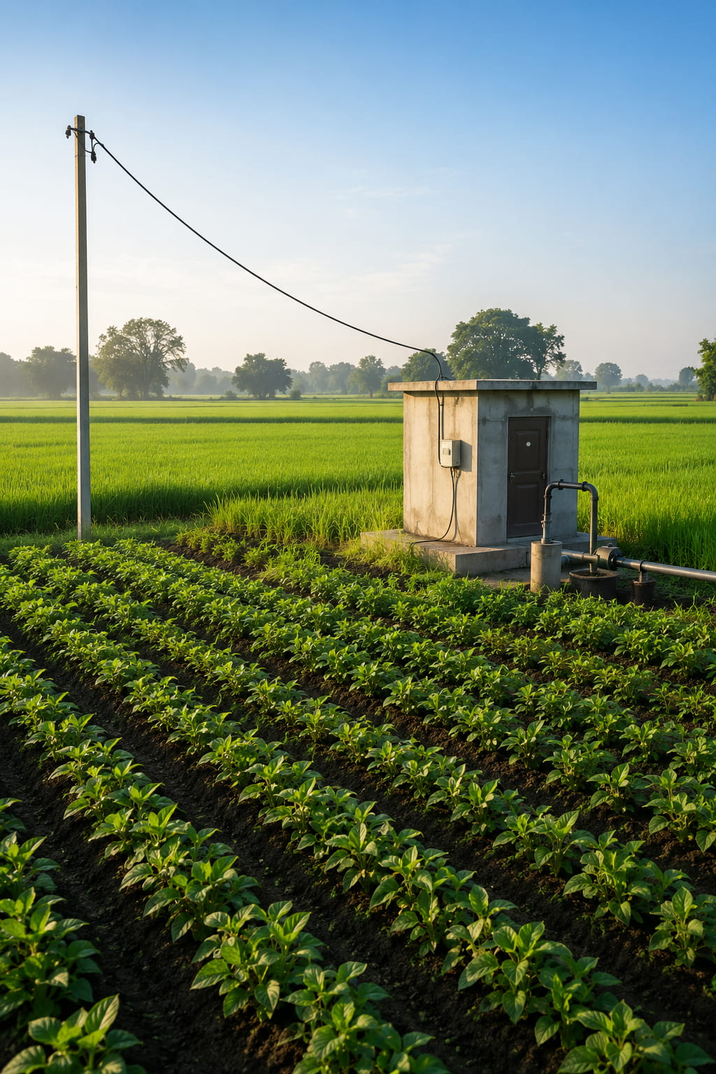 Green agricultural field with borewell pump