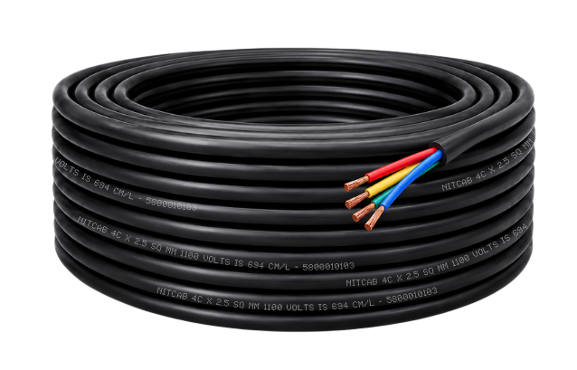 Nitcab multicore flexible cable coil with four colour-coded cores exposed